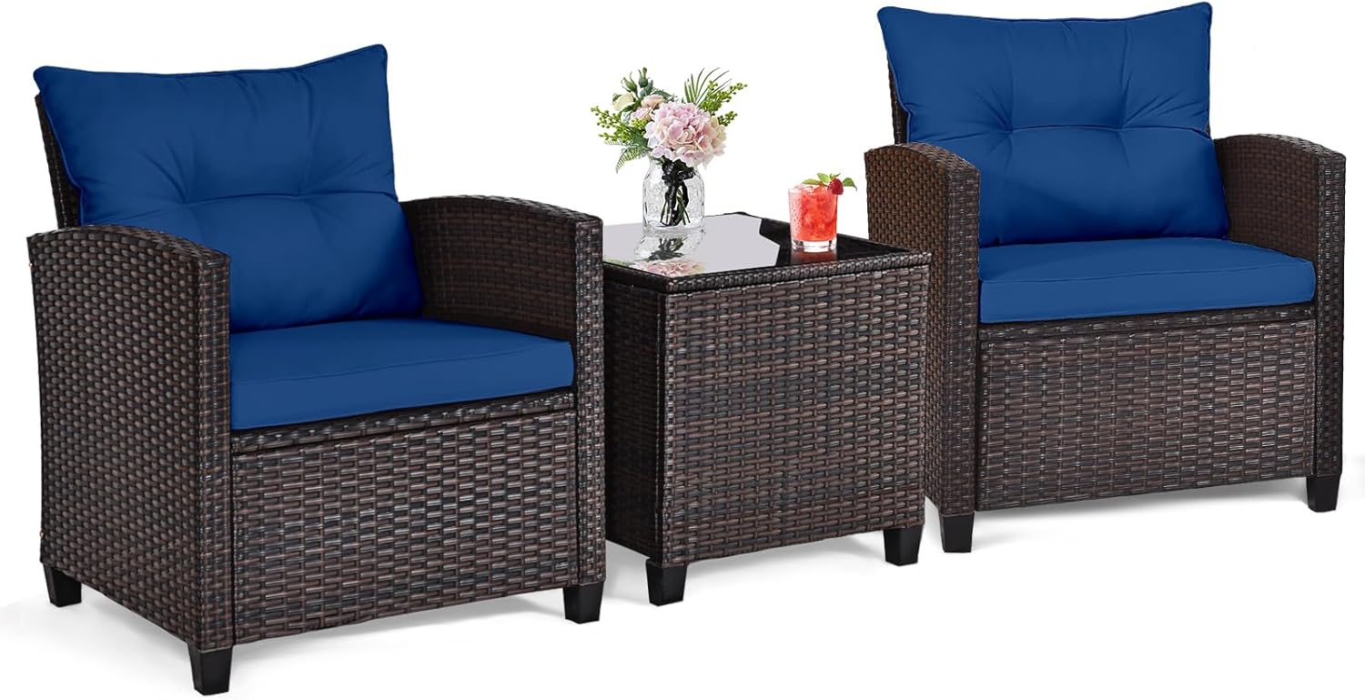 Outdoor Furniture Cushions - Navy blue rattan wicker 3-piece outdoor